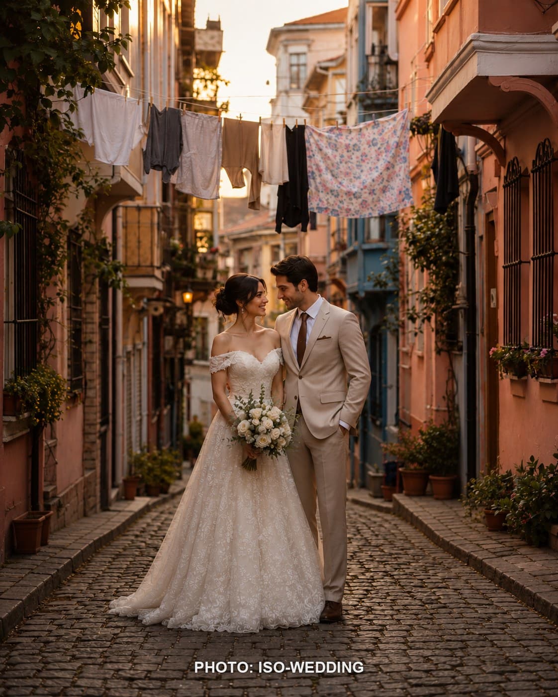 Bride posing in a vibrant Balat alleyway