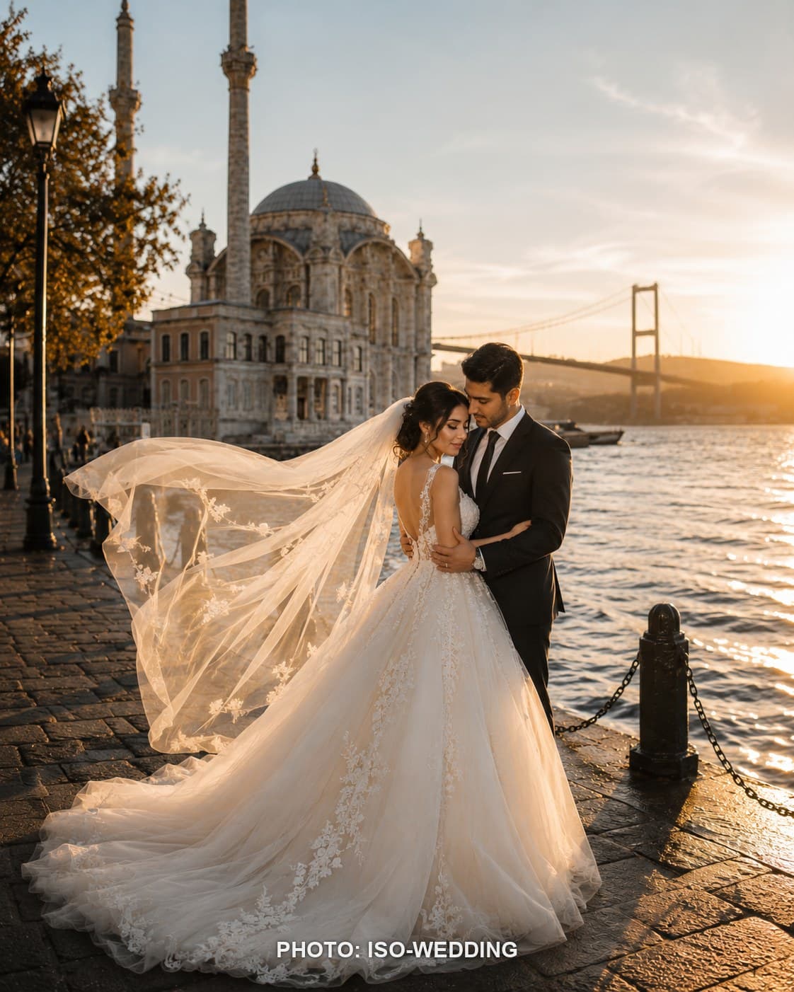 Wide view of the Bosphorus strait in Istanbul at golden hour