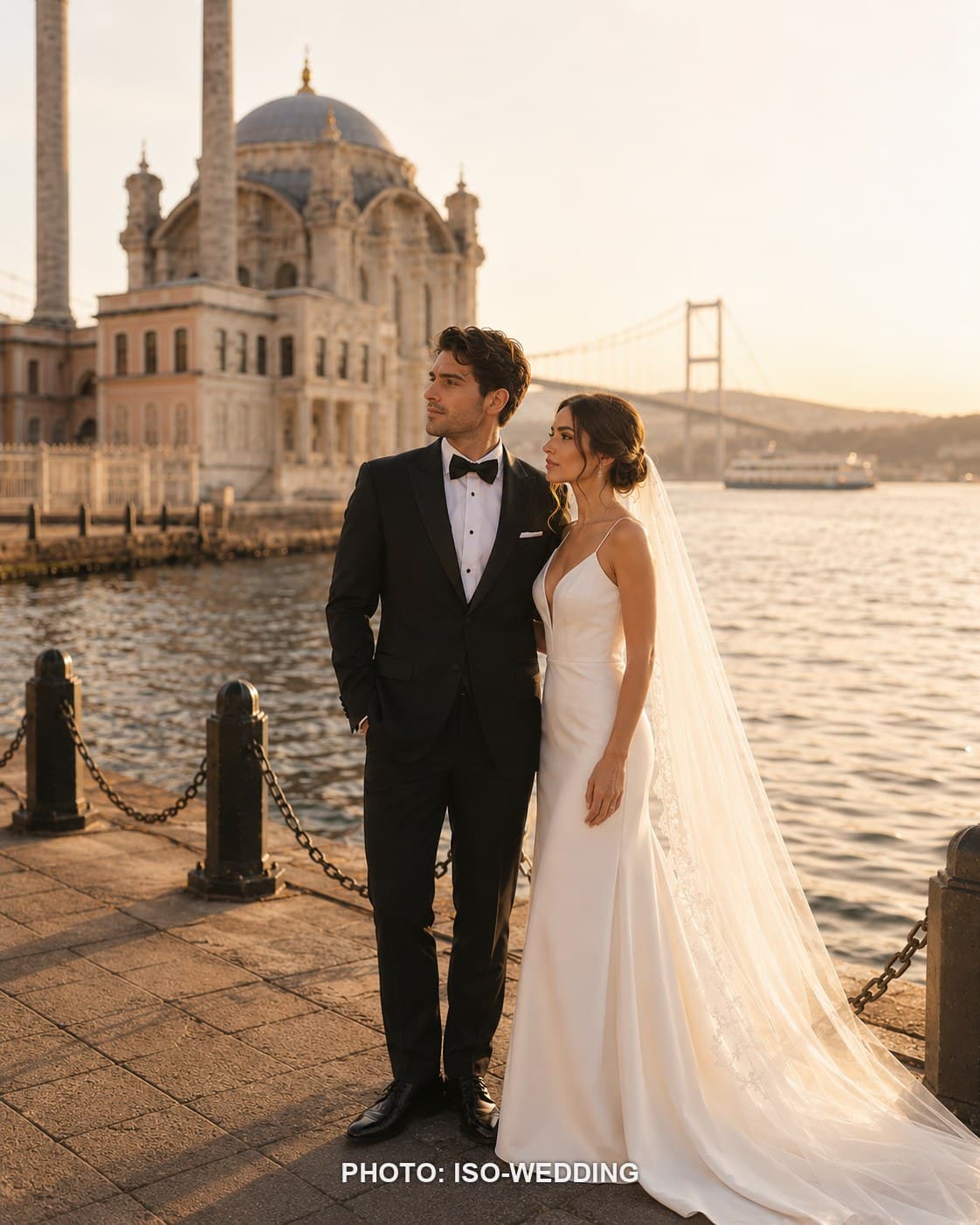 Wedding couple with the Bosphorus shoreline at golden hour