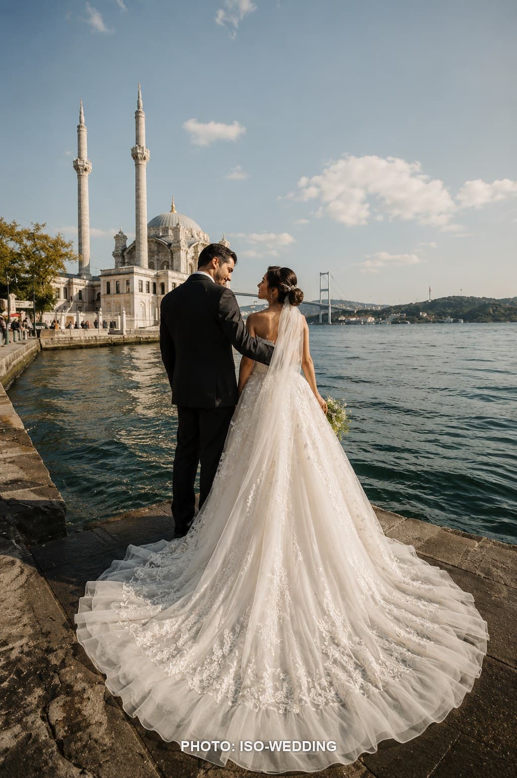 Wide view of the Bosphorus strait in Istanbul at golden hour