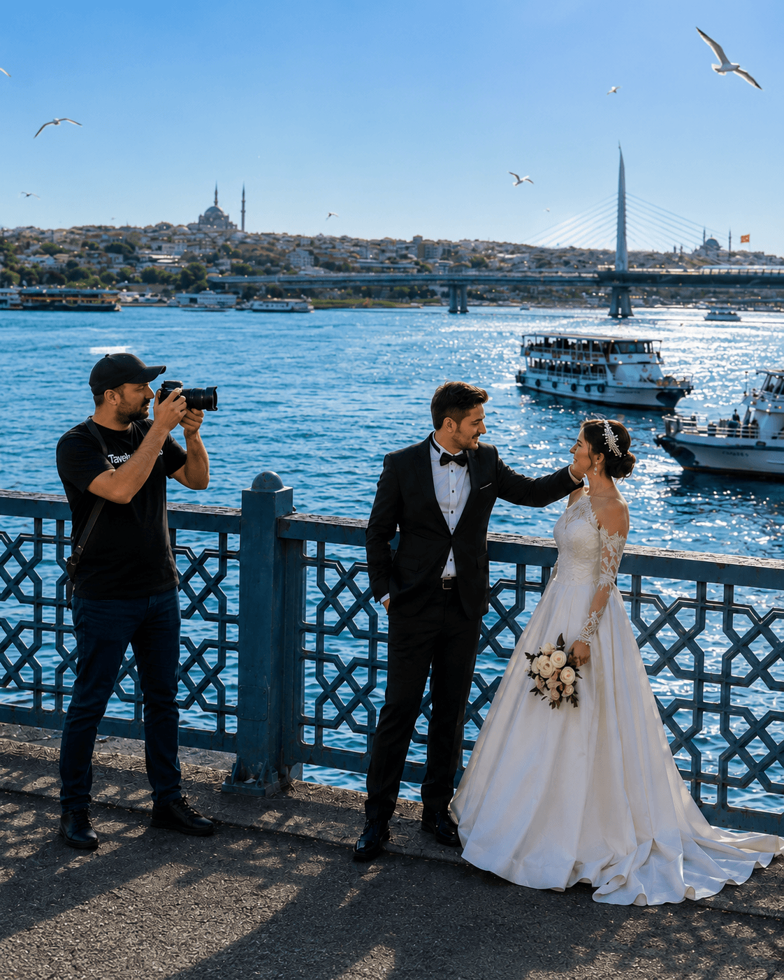 Couple walking near Galata Tower during a couple session in Istanbul