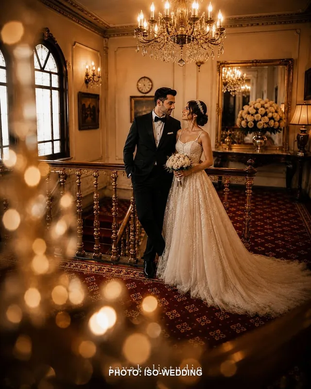 العروس والعريس على الدرج العتيق لفندق Grand Hotel de Londres في إسطنبول